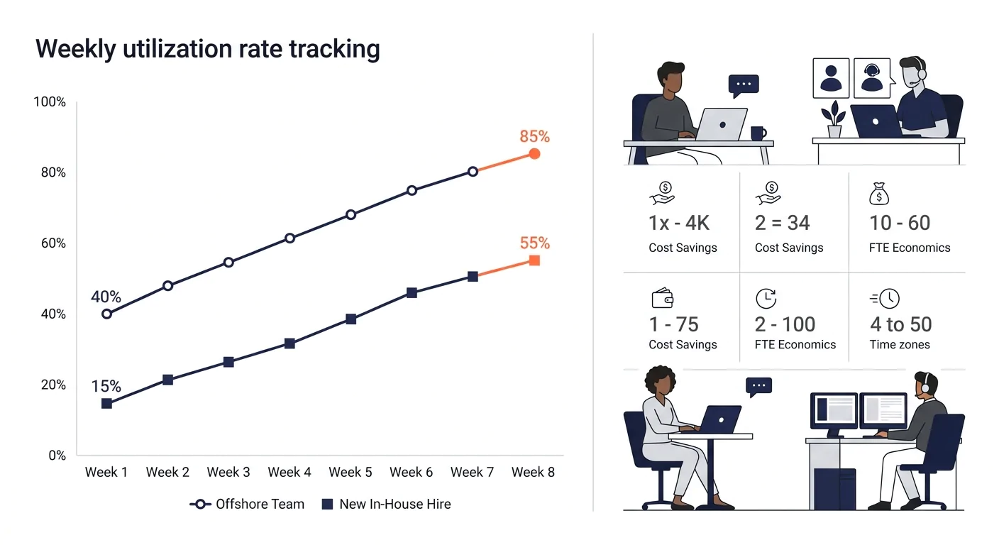 A dashboard-style mockup showing weekly utilization rate tracking for two teams — an offshore team trending upward from 40% in week 1 to 85% by week 8, and a new in-house hire trending from 15% in wee
