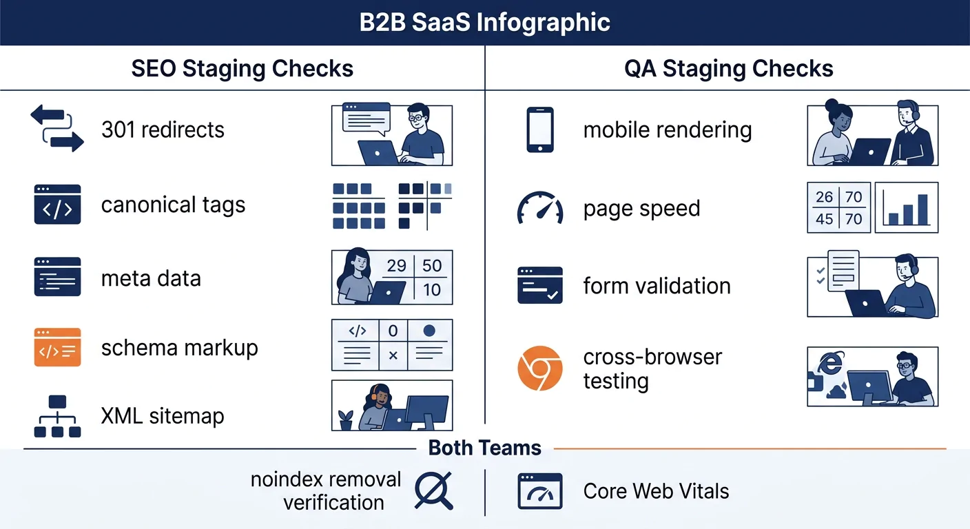 A checklist-style visual split into two columns — left column labeled "SEO Staging Checks" listing items like 301 redirects, canonical tags, meta data, schema markup, XML sitemap; right column labeled