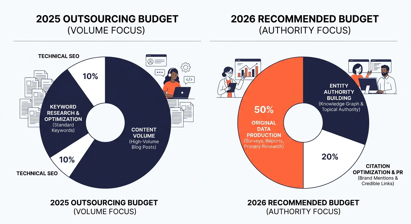 a budget allocation diagram showing a 2025 SEO outsourcing budget pie chart heavily weighted toward keyword research and content volume, contrasted with a recommended 2026 budget pie chart weighted to