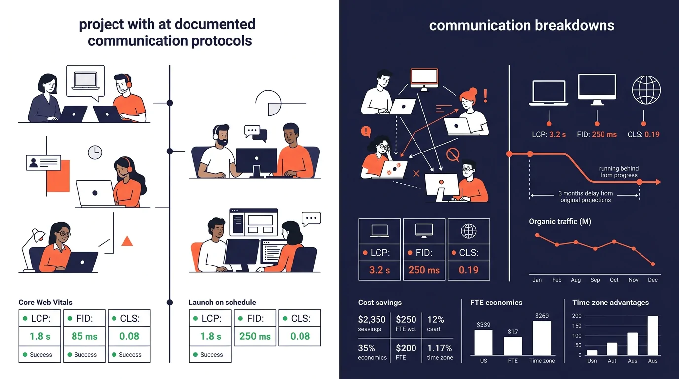 a split-screen timeline comparison showing two outsourced web projects side by side, one with documented communication protocols launching on schedule with green Core Web Vitals metrics, and one with 