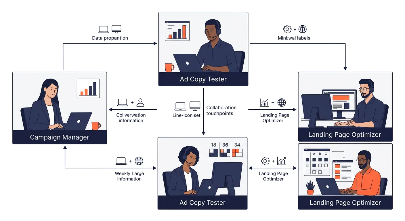 Diagram showing three specialist roles in an outsourced PPC team — campaign manager, ad copy tester, and landing page optimizer — with arrows showing their weekly workflow and collaboration touchpoint