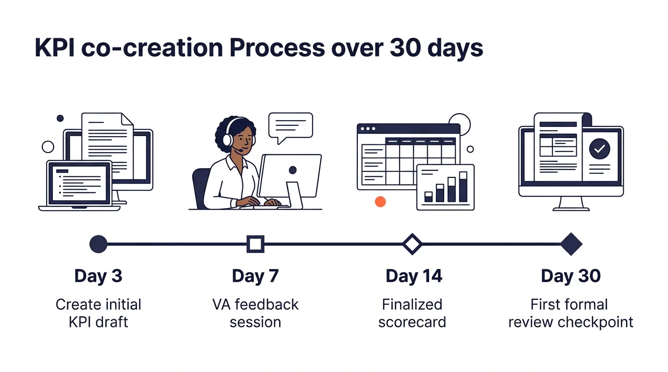 a horizontal timeline illustration showing the KPI co-creation process across the first 30 days, with milestones for the initial KPI draft at day 3, VA feedback session at day 7, finalized scorecard a