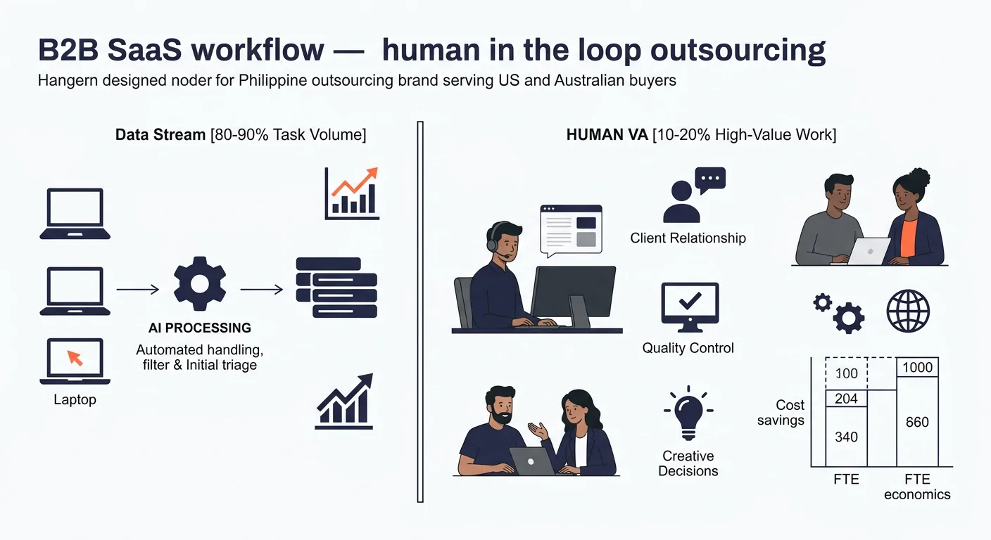 Workflow diagram illustrating the human-in-the-loop outsourcing model where AI handles initial processing, triage, and first drafts covering 80-90% of task volume while human VAs handle exceptions, cl
