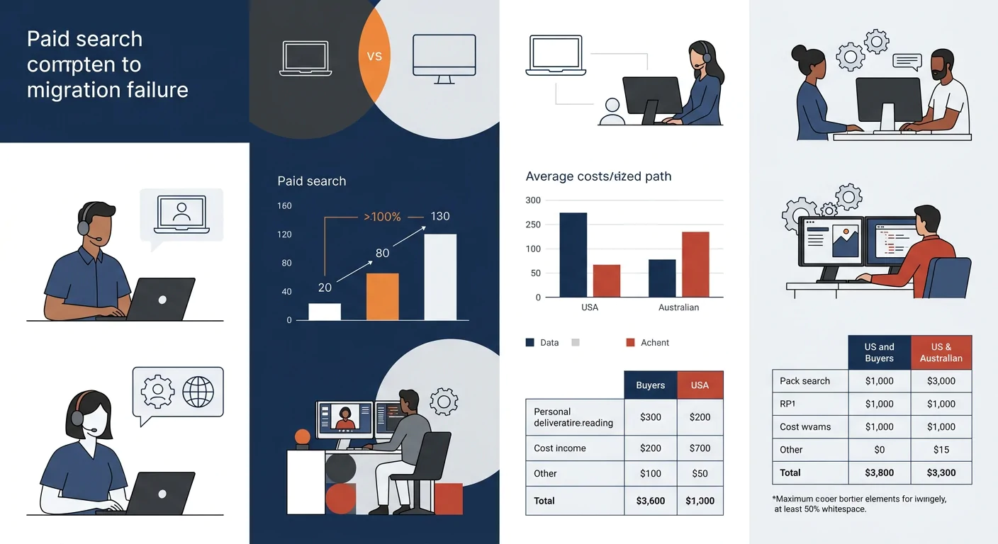 An infographic comparing two paths after a paid search migration failure — Path A shows incremental fixes like adjusting bids and adding negatives leading to continued CPA decline over 6 months, while