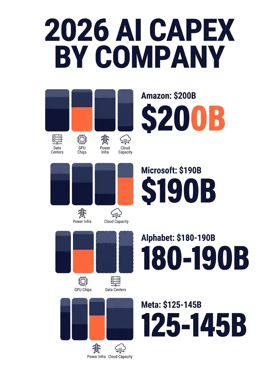 Infographic comparing 2026 AI capex by company - Amazon $200B, Microsoft $190B, Alphabet $180-190B, Meta $125-145B - with bar chart showing spending categories broken into data centers, GPU chips, pow