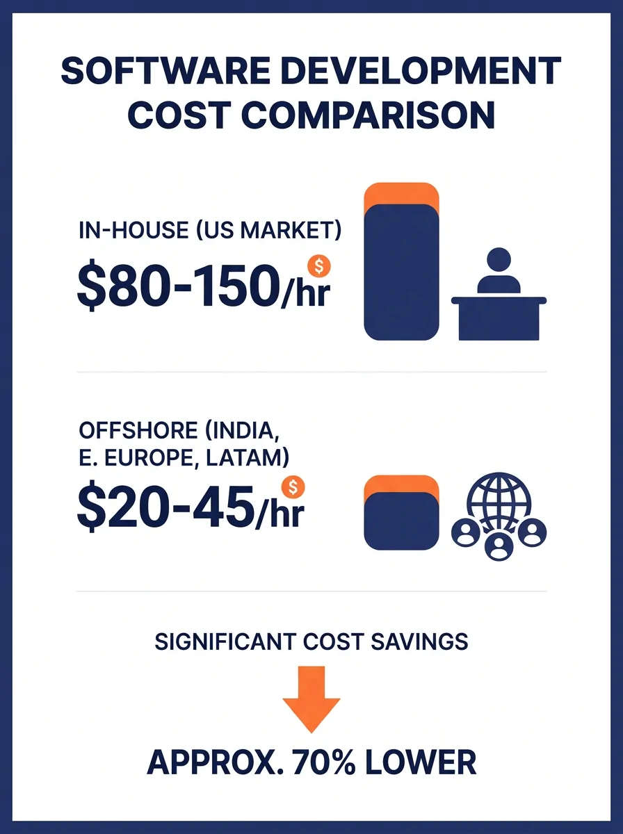 Cost comparison chart showing in-house versus offshore software development hourly rates across US, India, Eastern Europe, and Latin America markets with $80-150/hour domestic versus $20-45/hour offsh