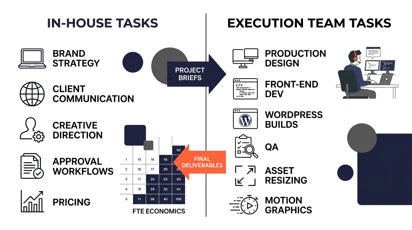 An infographic showing a two-column comparison of tasks that stay in-house (brand strategy, client communication, creative direction, approval workflows, pricing) versus tasks sent to execution teams 