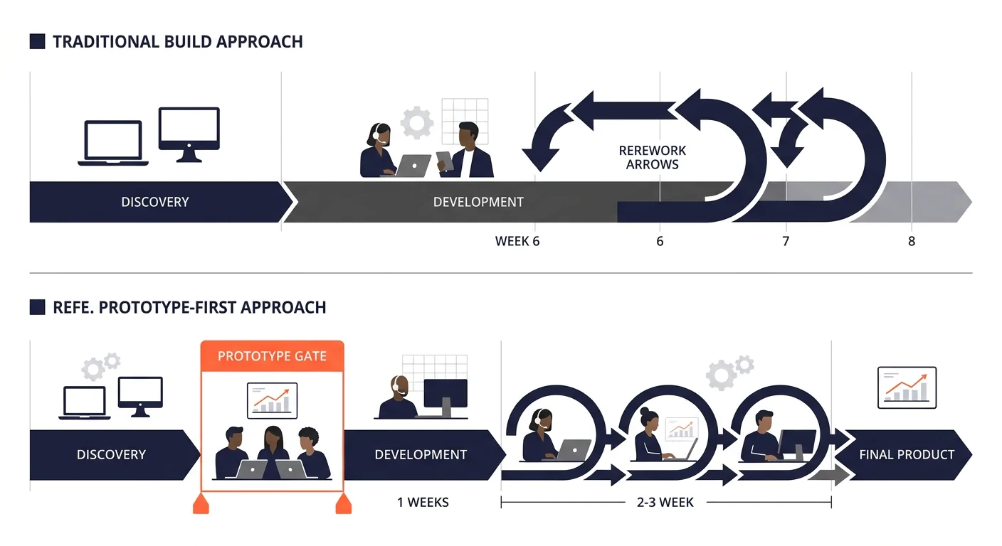 Side-by-side comparison showing two project timelines as horizontal swim lanes, one without prototyping showing a long discovery-build-revise loop spanning 6-8 weeks with repeated rework arrows, and o
