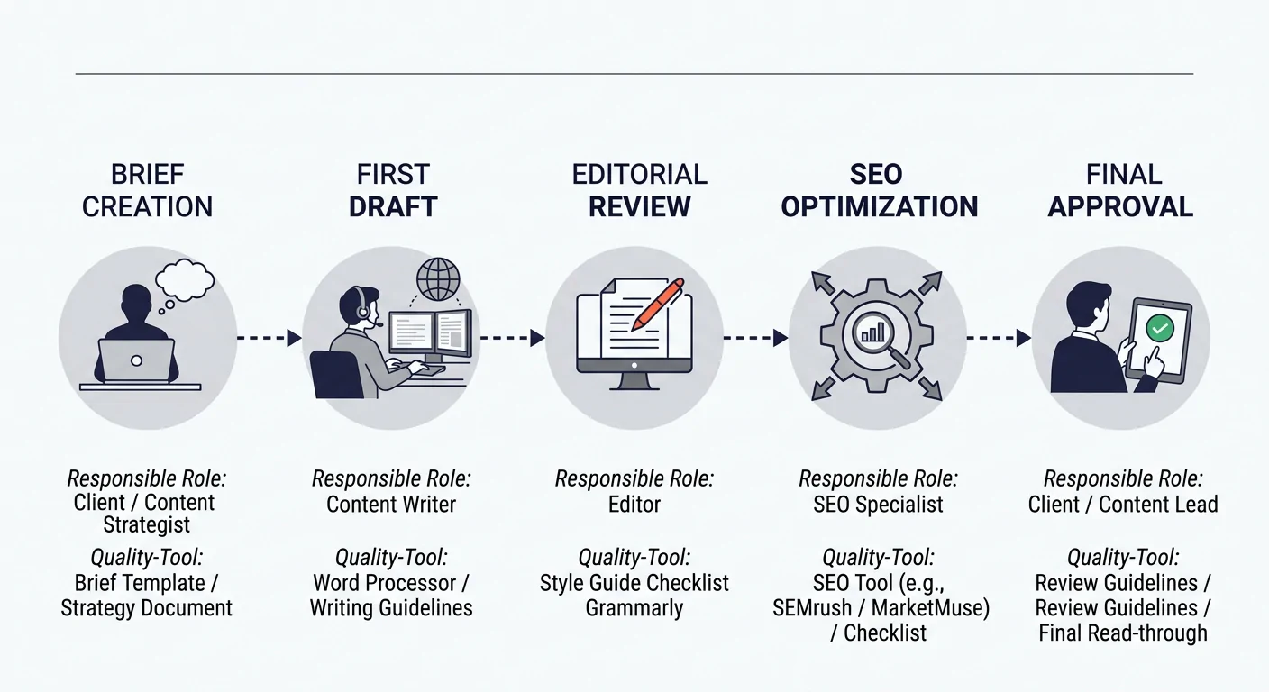 A flowchart showing a content production pipeline with five sequential stages — brief creation, first draft, editorial review, SEO optimization, and final approval — each stage labeled with the respon