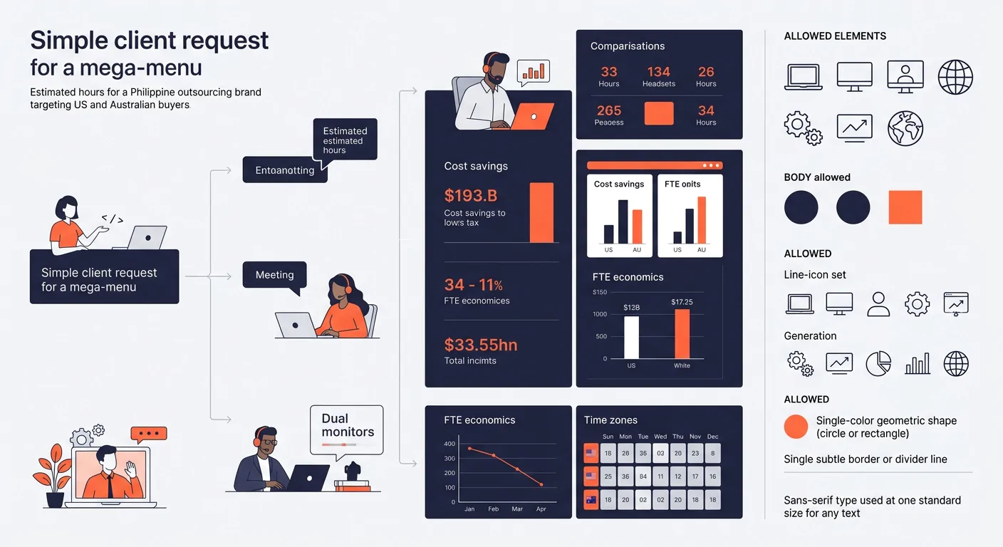 An infographic showing the cascade effect of a single small scope change — starting with a client request for a mega-menu, branching into content architecture changes, CMS template restructuring, QA t