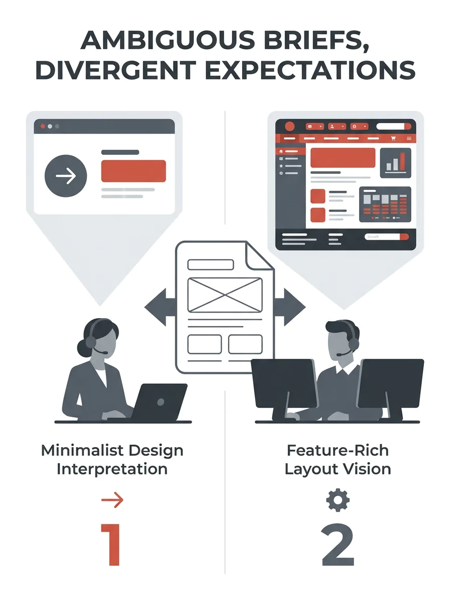 A split-screen illustration showing two people looking at the same wireframe document — one person sees a minimalist design interpretation while the other imagines a feature-rich layout, representing 