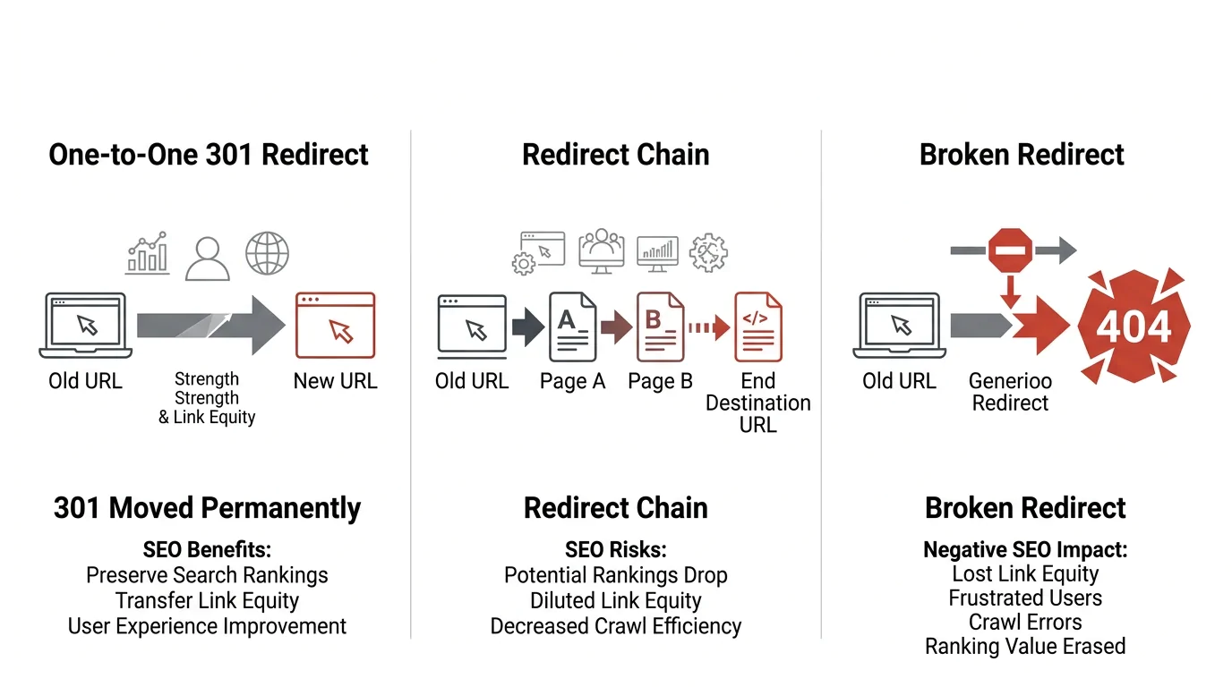 A diagram showing three redirect scenarios side by side — a clean one-to-one 301 redirect, a redirect chain with three hops and diminishing PageRank arrows, and a broken redirect ending in a 404 error
