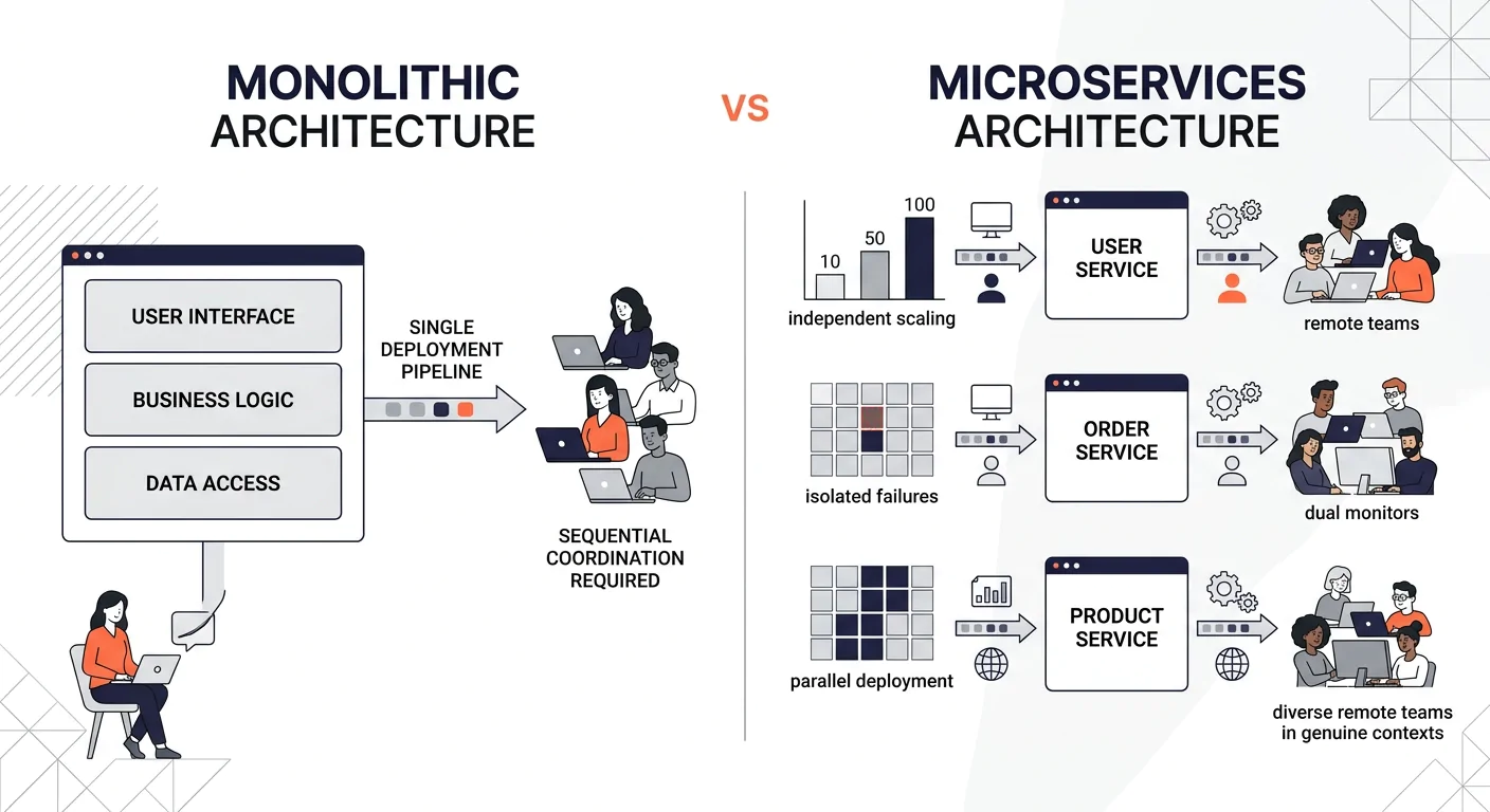 infographic comparing monolithic architecture (single deployment pipeline, sequential coordination required) versus microservices architecture (independent service deployments, parallel work possible)