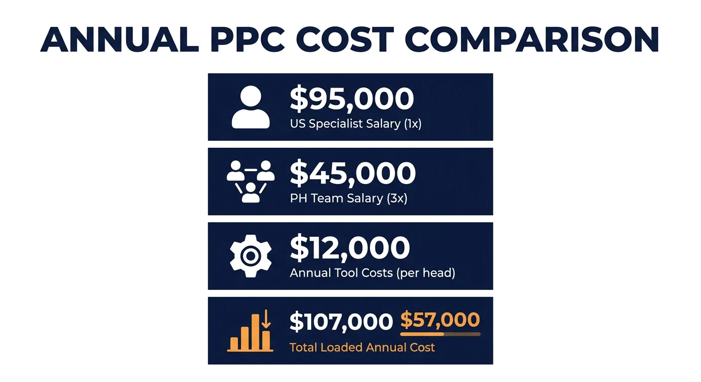 Infographic comparing annual costs of one US PPC specialist versus a three-person Philippine PPC team, showing salary ranges, tool costs, and total loaded cost side by side with icons for each role