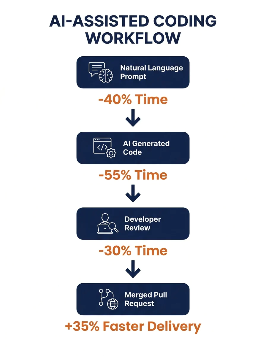 diagram showing the AI-assisted coding workflow from natural language prompt to generated code to developer review to merged pull request, with time savings noted at each step