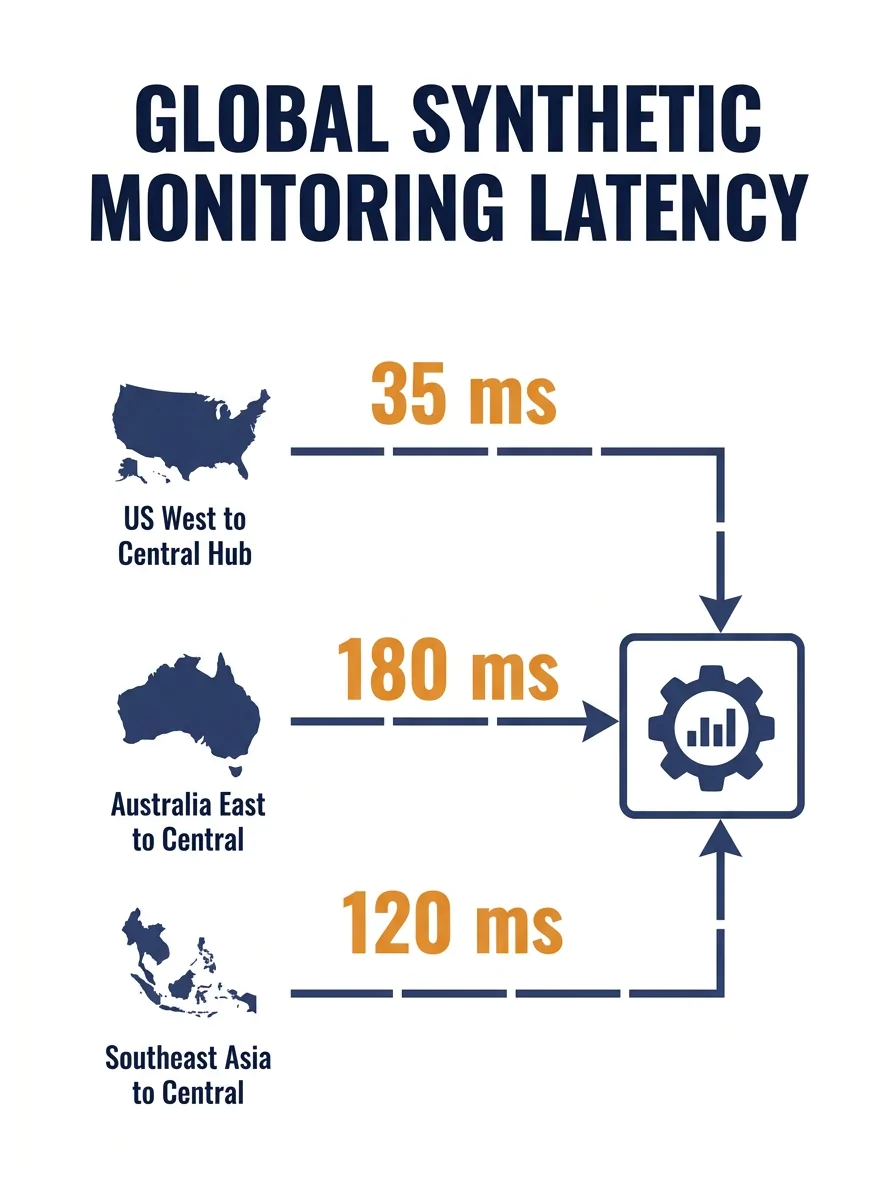 A world map showing synthetic monitoring nodes in US, Australia, and Southeast Asia, with latency measurements displayed between each node and a central server location