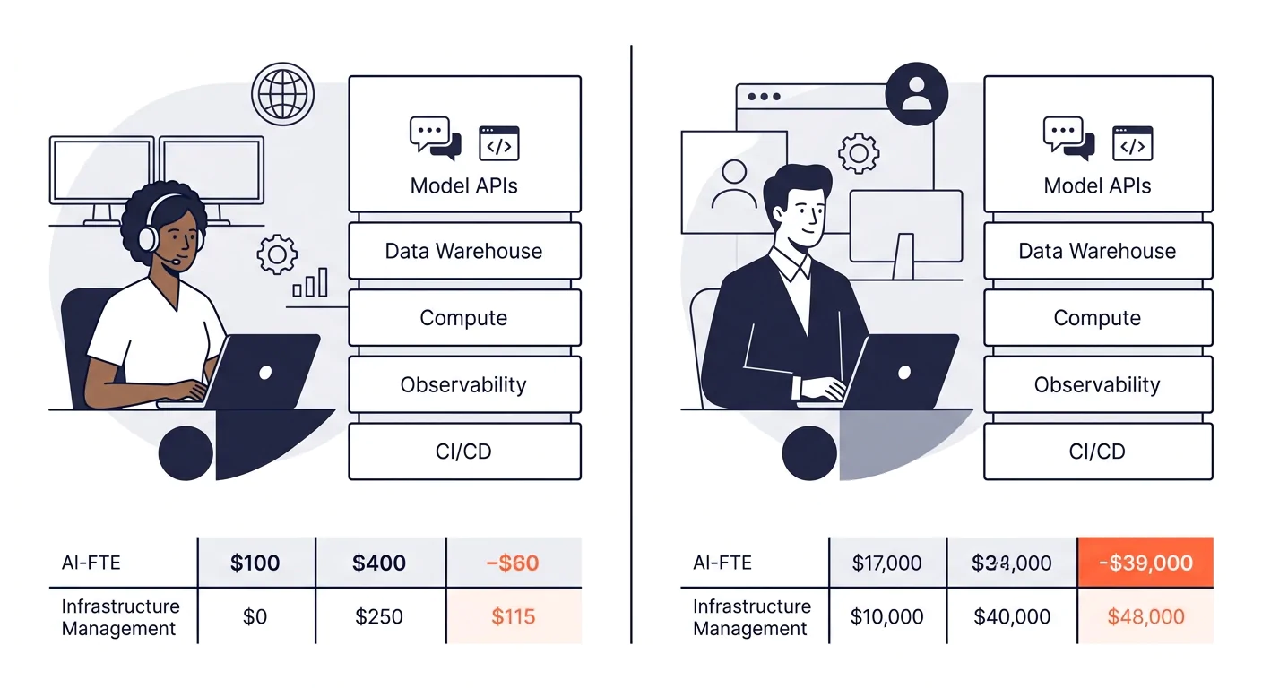 Side-by-side comparison of a Philippine development team and a US-based team showing identical AI tooling stacks but dramatically different monthly costs, with specific tool logos and cost breakdowns