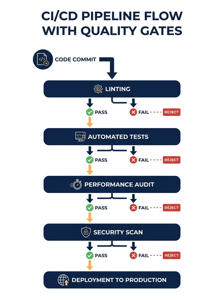 Infographic showing a CI/CD pipeline flow with automated quality gates - code commit on the left flowing through sequential stages of linting, automated tests, performance audit, and security scan, wi