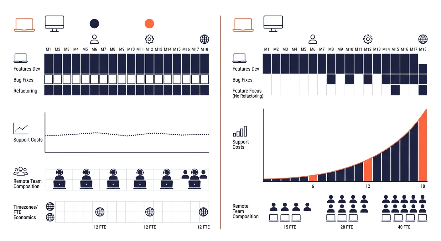 Side-by-side comparison chart showing two 18-month timelines for a web application - one team with 20% refactoring allocation showing flat support costs over time, and one team without refactoring sho