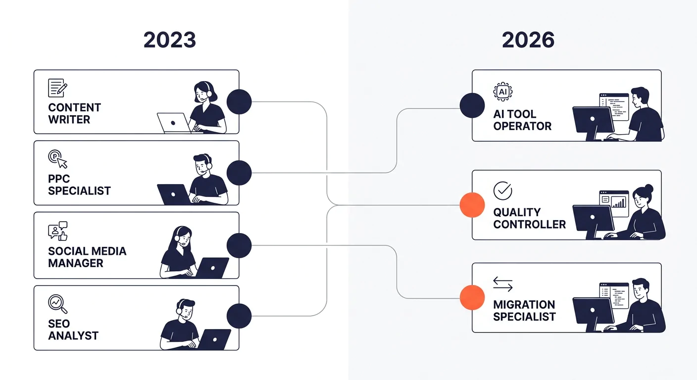 a side-by-side comparison showing the 2023 outsourced marketing team structure with roles like content writer, PPC specialist, social media manager, and SEO analyst on one side, versus the 2026 outsou