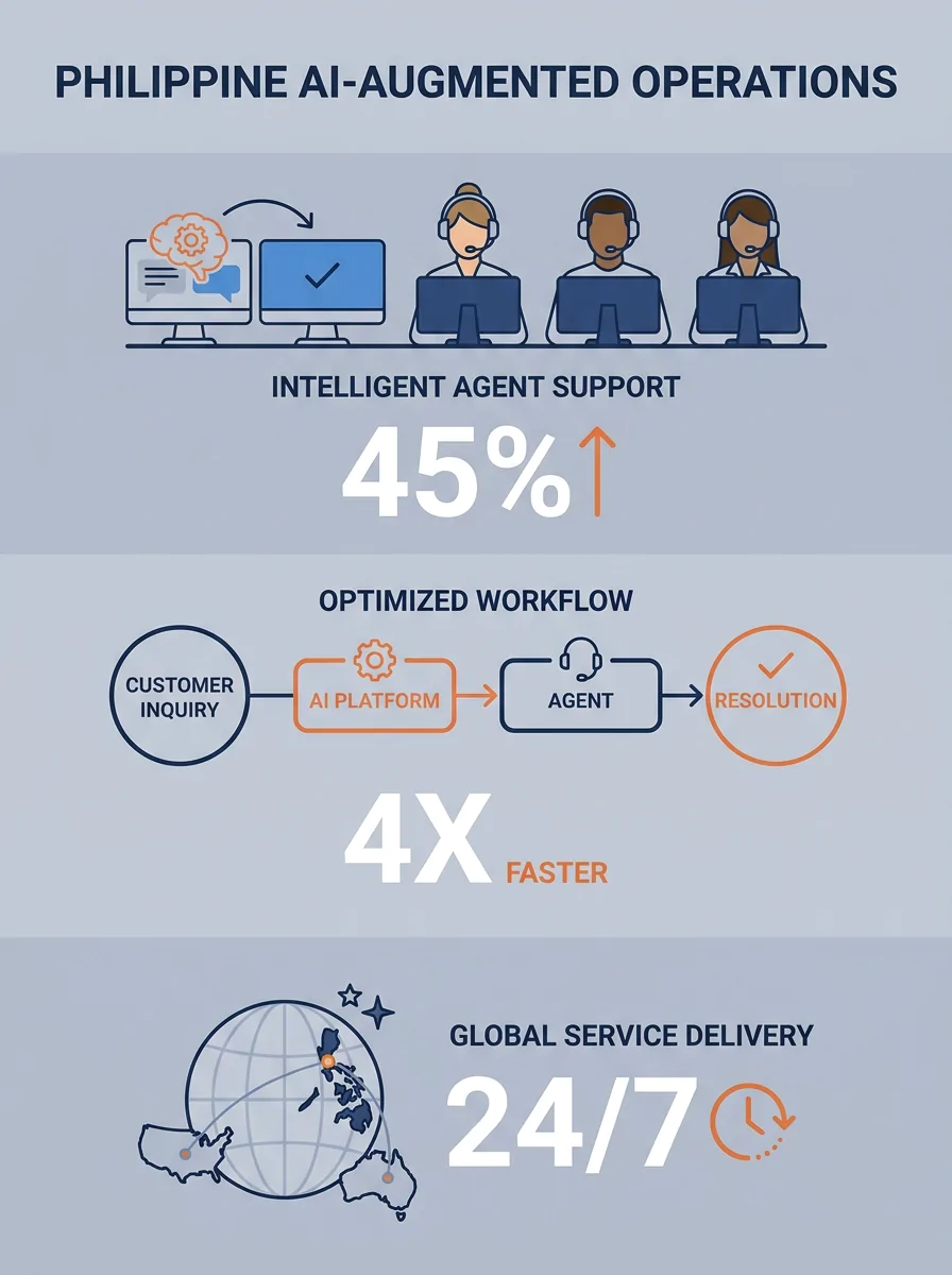 Philippine call center operations floor showing agents working with AI-augmented customer service platforms