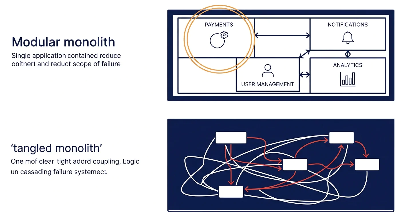 Diagram showing a modular monolith architecture with distinct labeled modules for payments, notifications, user management, and analytics, with clear interface boundaries between them and red circles 