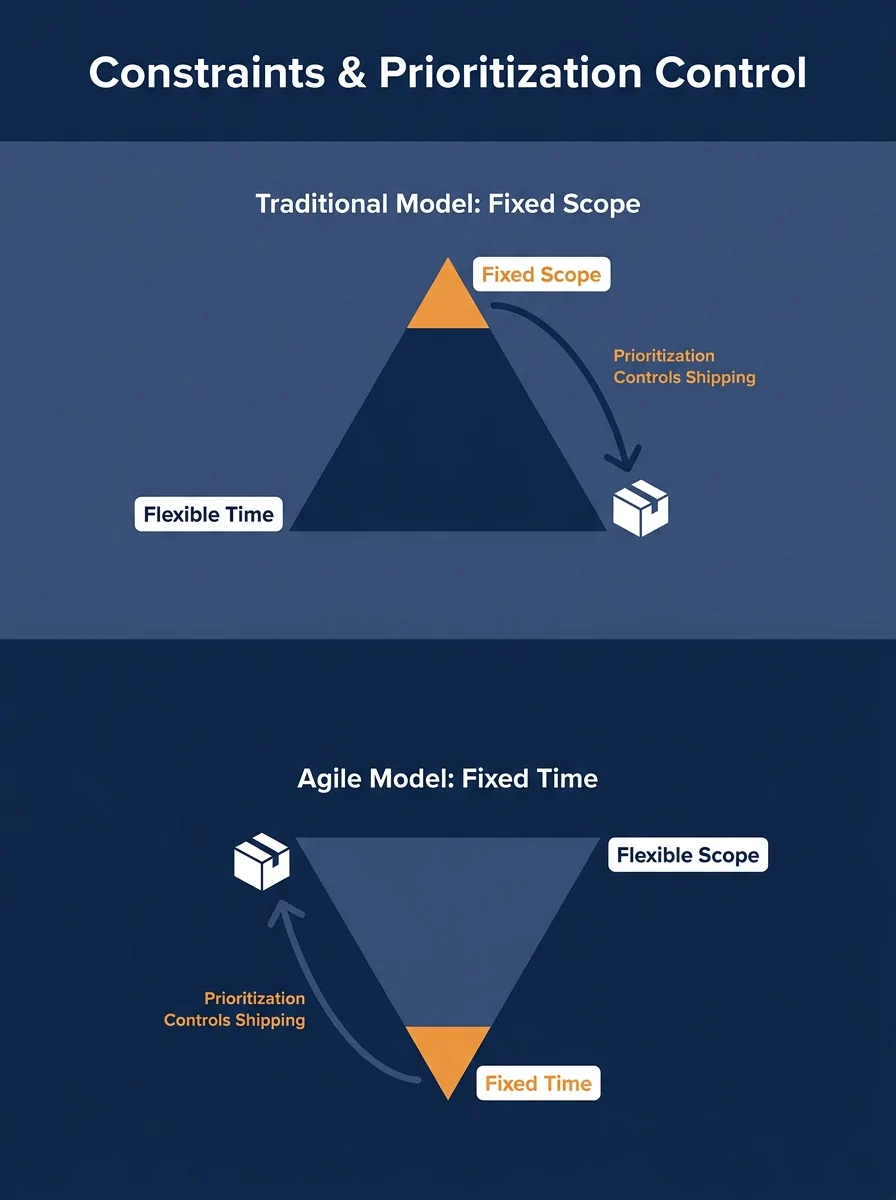 Infographic comparing the traditional Triple Constraint triangle with scope fixed and time flexible, versus the Agile inverted triangle with time fixed and scope flexible, showing arrows indicating ho