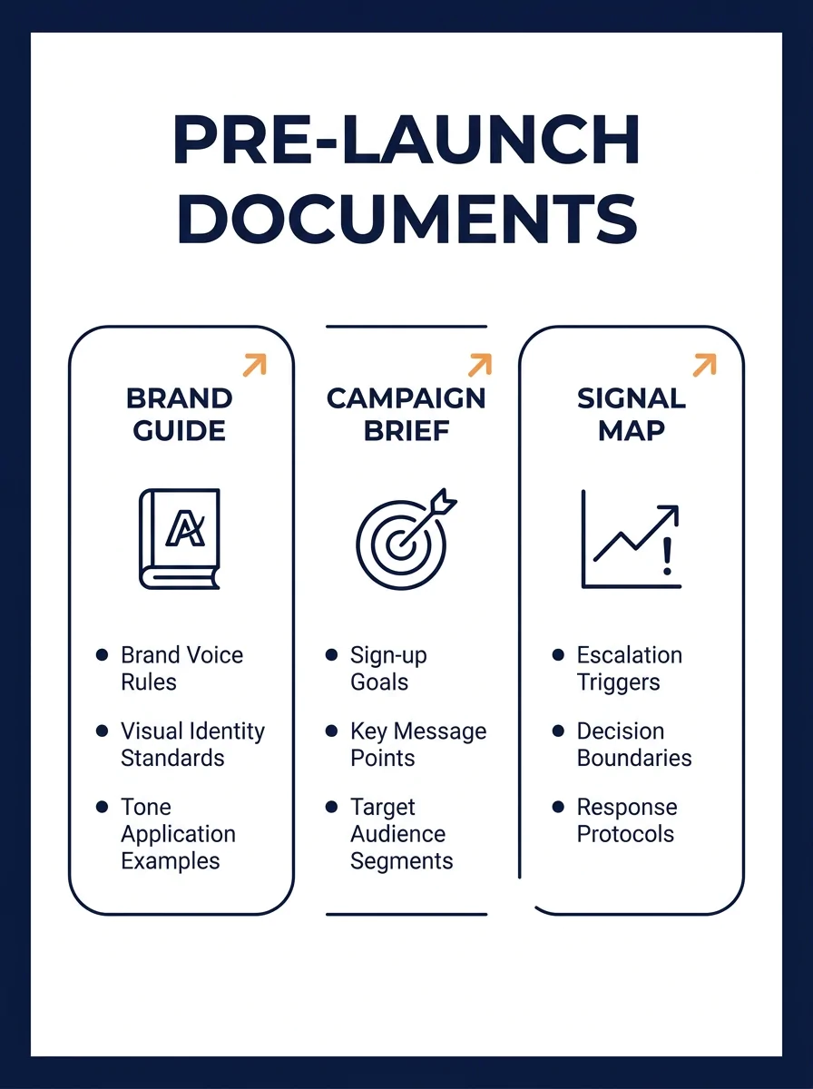 Infographic showing three pre-launch documents side by side—Brand Guide, Campaign Brief, and Signal Map—with bullet points under each listing their key components like numeric KPIs, escalation trigger