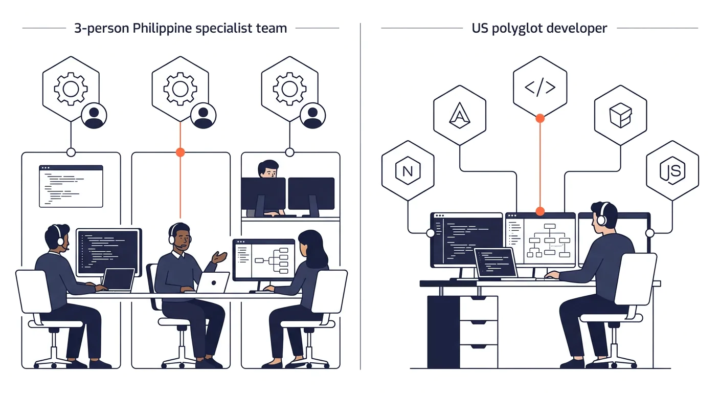 Side-by-side comparison table showing a 3-person Philippine specialist team versus a single US polyglot developer across five dimensions: framework coverage count, hourly cost, expertise depth per fra