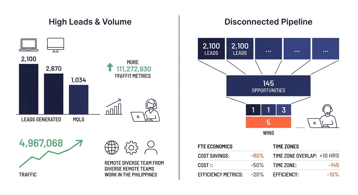 A simple dashboard mockup showing high lead counts and green metrics alongside a disconnected sales pipeline with low conversion rates, illustrating the gap between volume metrics and actual revenue o