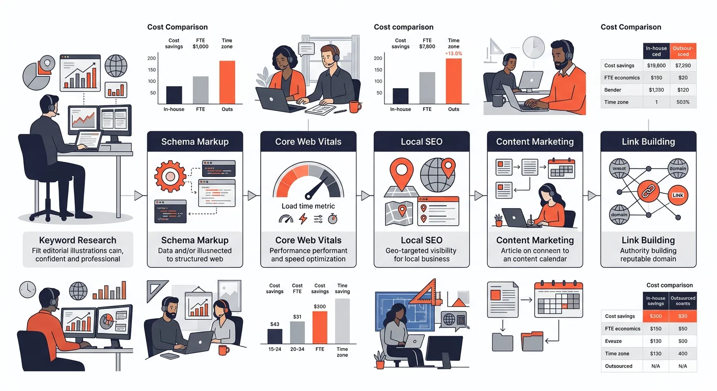 An infographic showing the six components of AEC SEO strategy (keyword research, schema markup, Core Web Vitals, local SEO, content marketing, link building) arranged in a workflow diagram with cost c