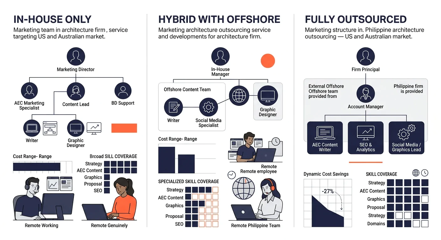 a visual comparison of three architecture firm marketing team structures showing org chart style layouts for in-house only, hybrid with offshore, and fully outsourced models, with cost ranges and skil
