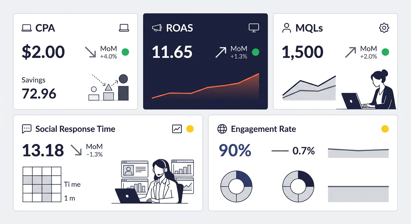 A dashboard mockup with five metric panels showing CPA, ROAS, MQLs, social response time, and engagement rate, each with month-over-month comparison arrows and green/yellow/red status indicators