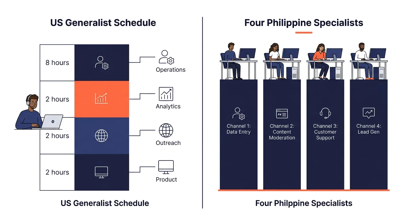 A side-by-side comparison showing two daily schedules—one for a US generalist splitting 8 hours across 4 channels with 2 hours each, and one showing four Philippine specialists each dedicating 8 full 