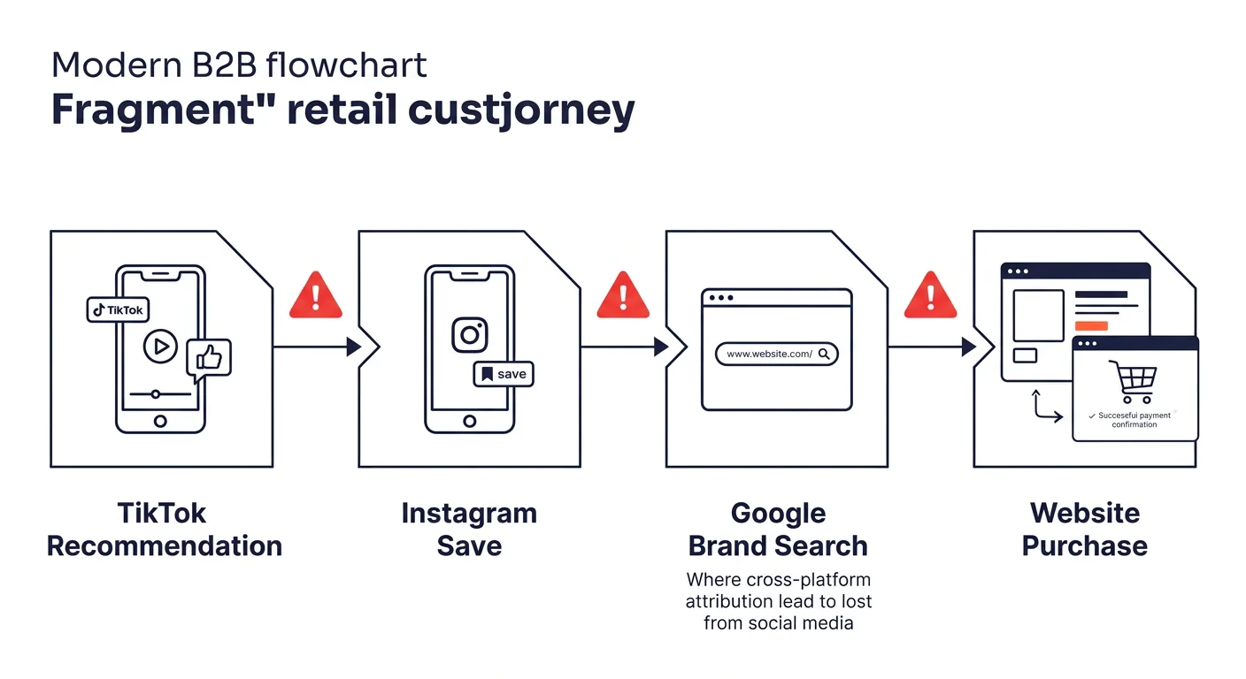 a flowchart showing a modern retail customer journey with branching touchpoints — a TikTok product recommendation leads to an Instagram save, which leads to a Google brand search, which leads to a web