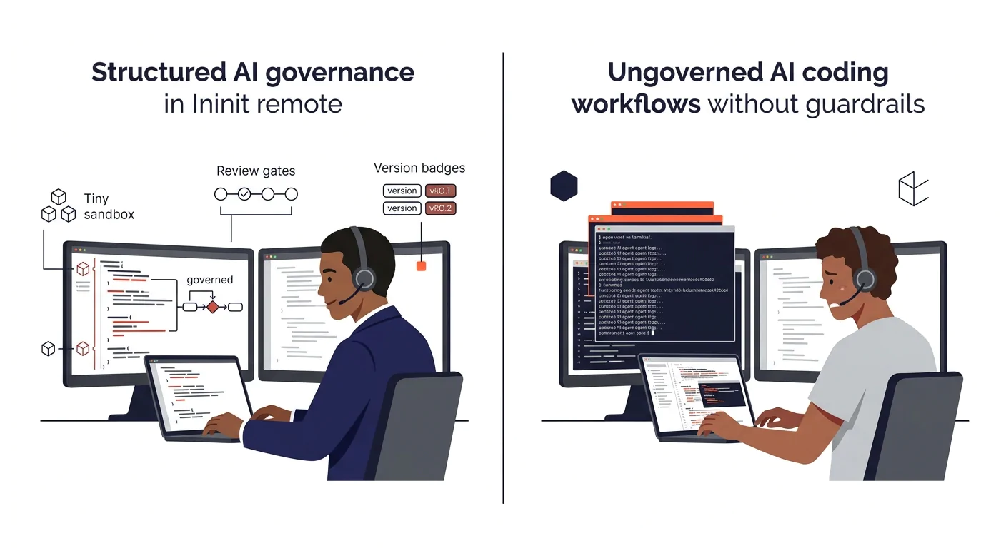 A split-screen illustration showing two developer workstations side by side, one with structured AI governance elements like sandbox icons, review gates, and version badges, and one without guardrails