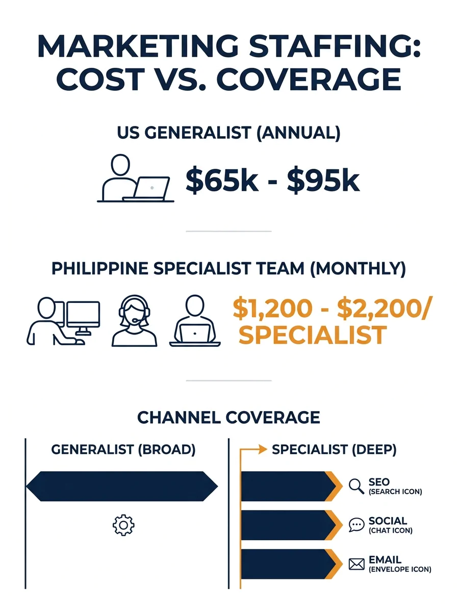infographic comparing US marketing generalist annual cost ($65K-$95K) versus Philippine specialist team cost (3-4 specialists at $1,200-$2,200 per month each), showing channel coverage breakdown per s