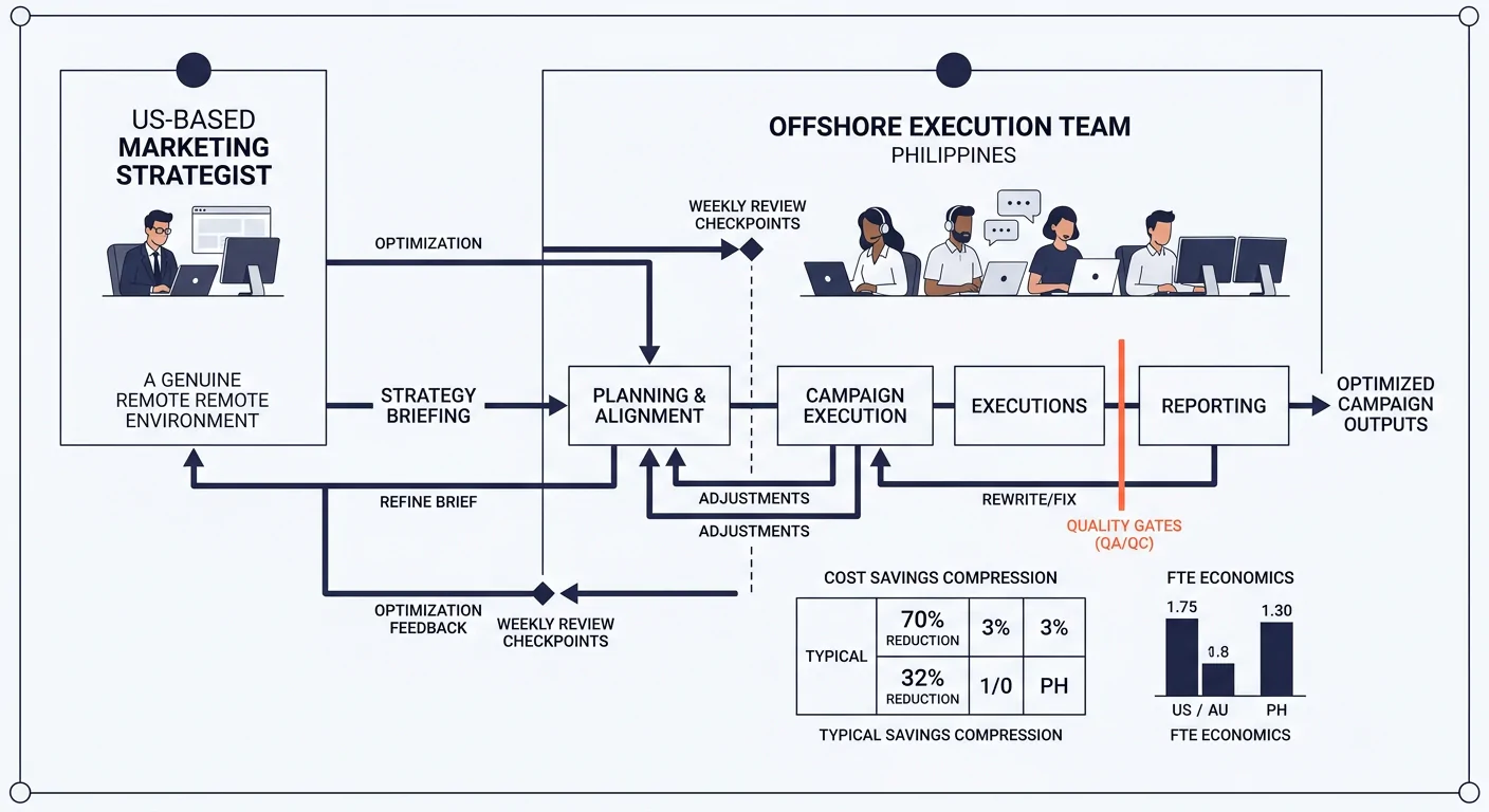 workflow diagram showing communication flow between a US-based marketing strategist and an offshore execution team, with labeled feedback loops, weekly review checkpoints, and quality gates