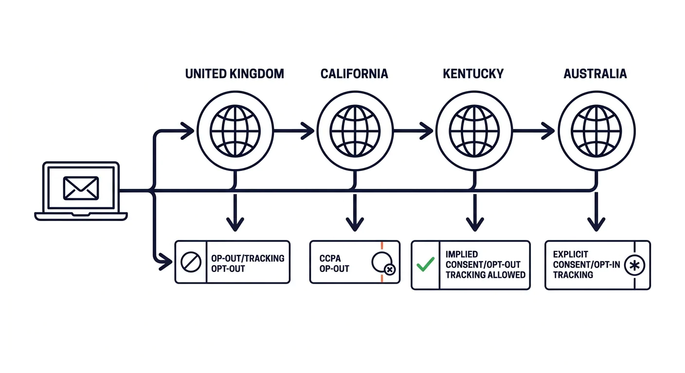 A diagram showing a single email campaign flowing to recipients in four jurisdictions (UK, California, Kentucky, Australia), with branching consent requirements and tracking pixel rules at each endpoi
