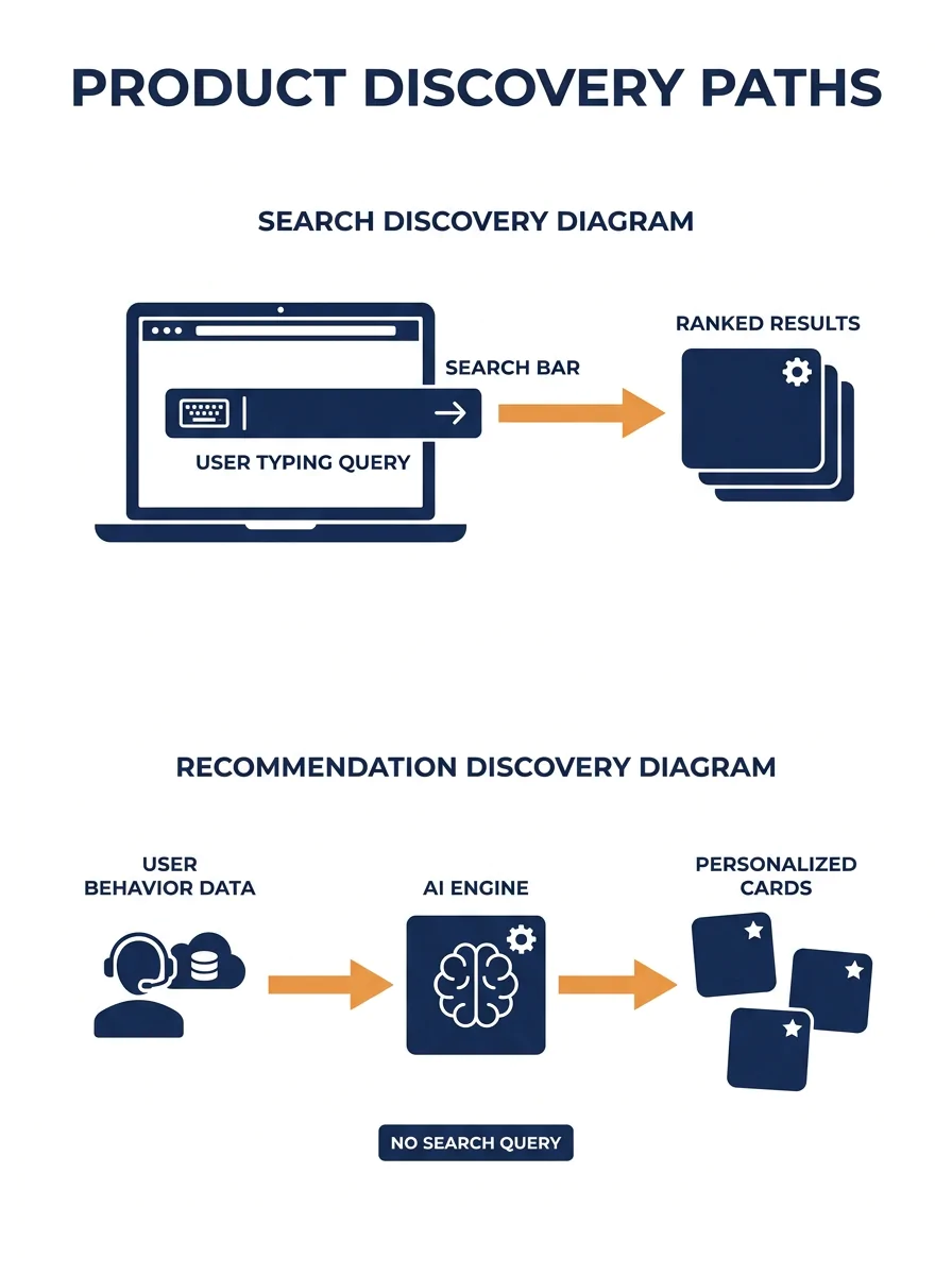 a side-by-side diagram showing two product discovery paths — one labeled "Search Discovery" with a user typing a keyword query into a search bar and receiving ranked results, and another labeled "Reco