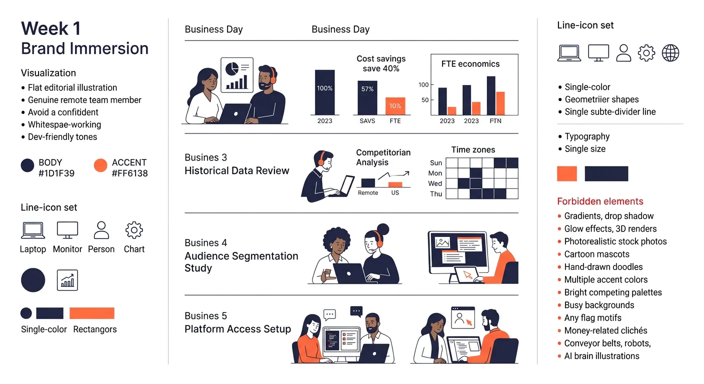 Timeline visualization showing Week 1 brand immersion activities—historical data review, competitor analysis, audience segmentation study, and platform access setup—mapped across five business days