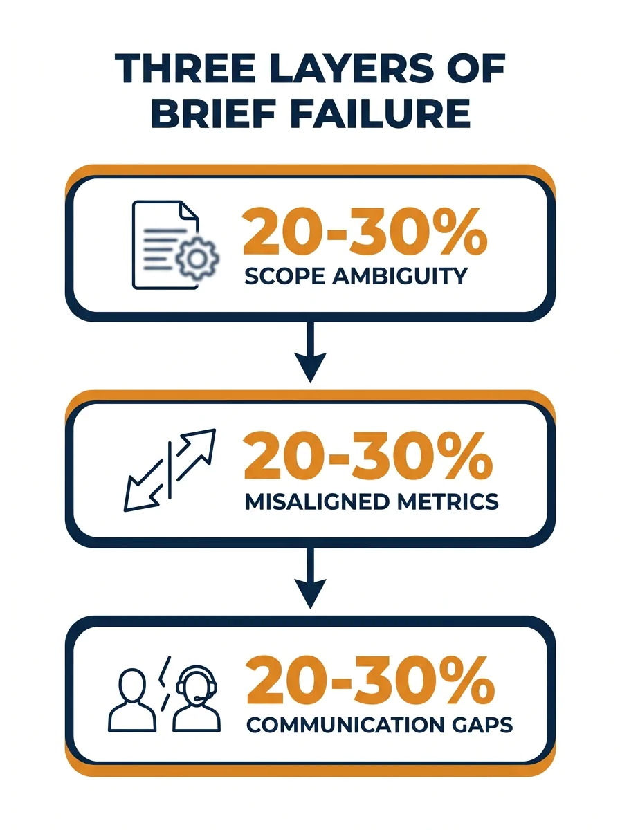 an infographic showing three layers of brief failure—scope ambiguity at top, misaligned metrics in middle, communication gaps at bottom—with percentage labels showing 20-30% budget waste flowing throu