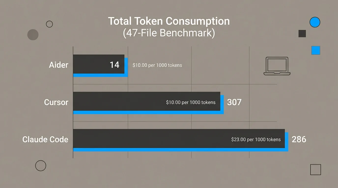 A horizontal bar chart comparing token consumption per task across Aider, Cursor, and Claude Code for the same 47-file benchmark, with Aider at roughly one-quarter the token usage of Claude Code, incl