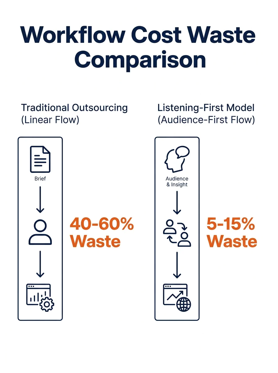 infographic showing two workflows side by side — traditional creator outsourcing (brief → creator selection → content → publish → measure) versus listening-first model (audience analysis → insight rep