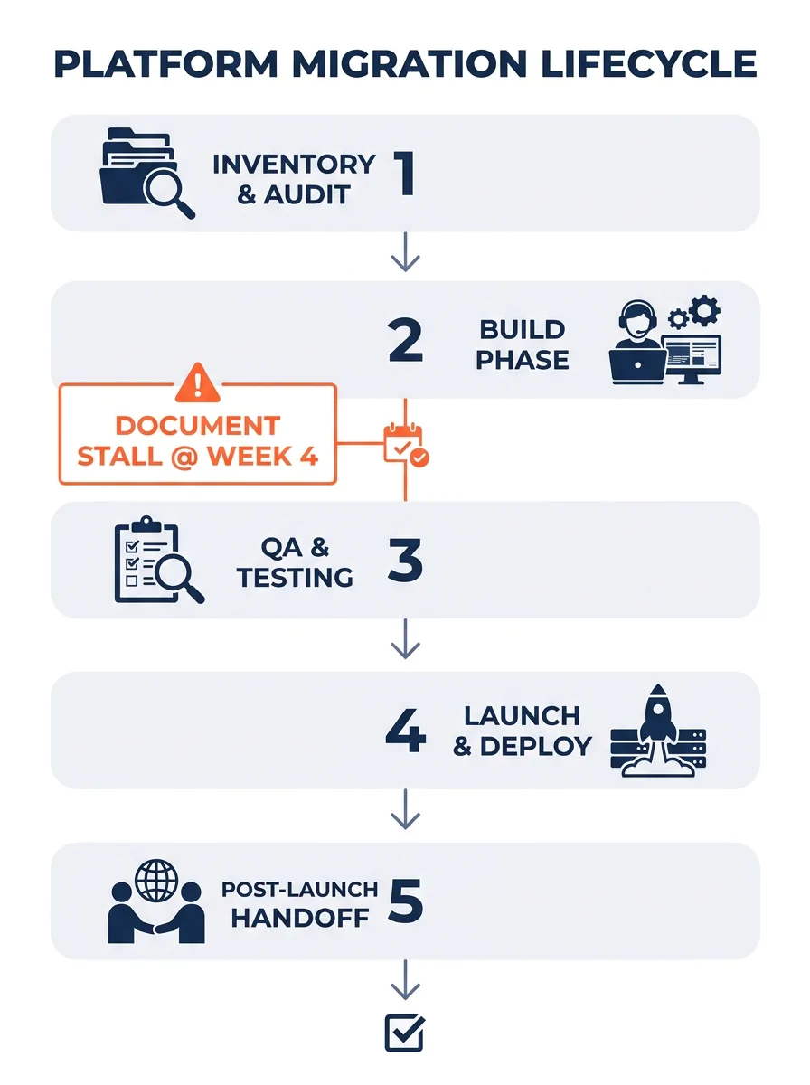 infographic showing the lifecycle of a platform migration project with five phases—inventory, build, QA, launch, and post-launch handoff—highlighting where documentation typically stops being updated 