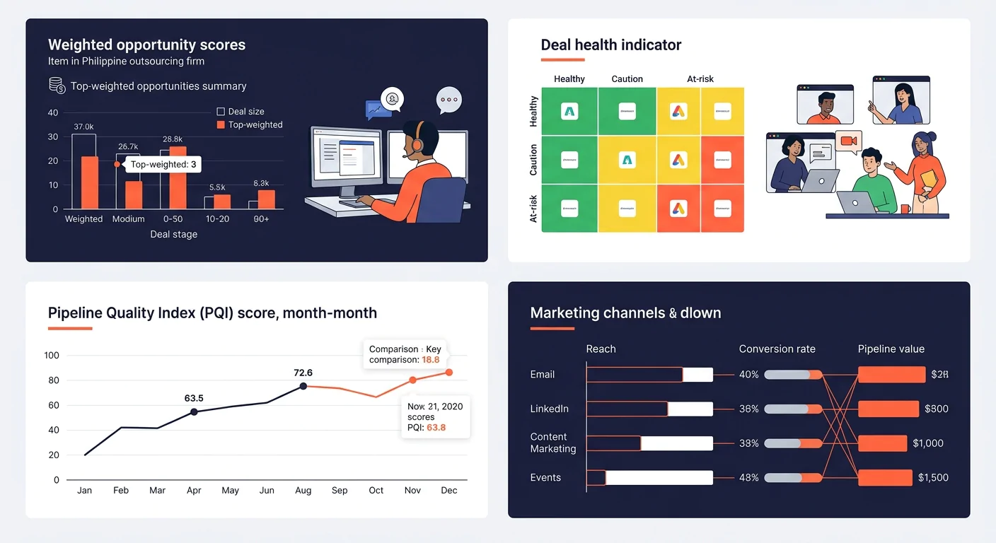 A pipeline quality dashboard showing weighted opportunity scores, color-coded deal health indicators, and a trend line comparing PQI scores month over month across different marketing channels