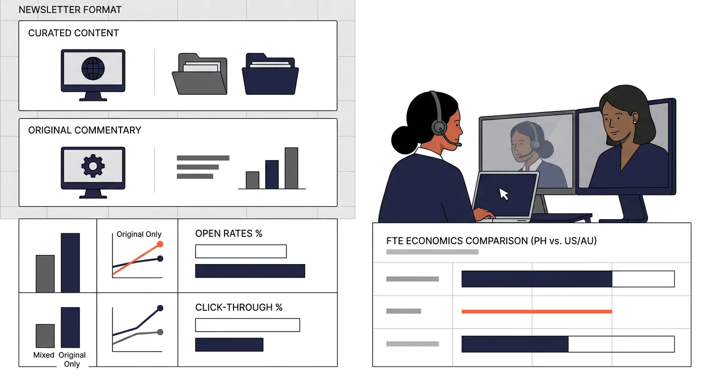a visual showing a newsletter layout with sections labeled as curated content and original commentary, with engagement metrics comparing mixed vs original-only newsletters