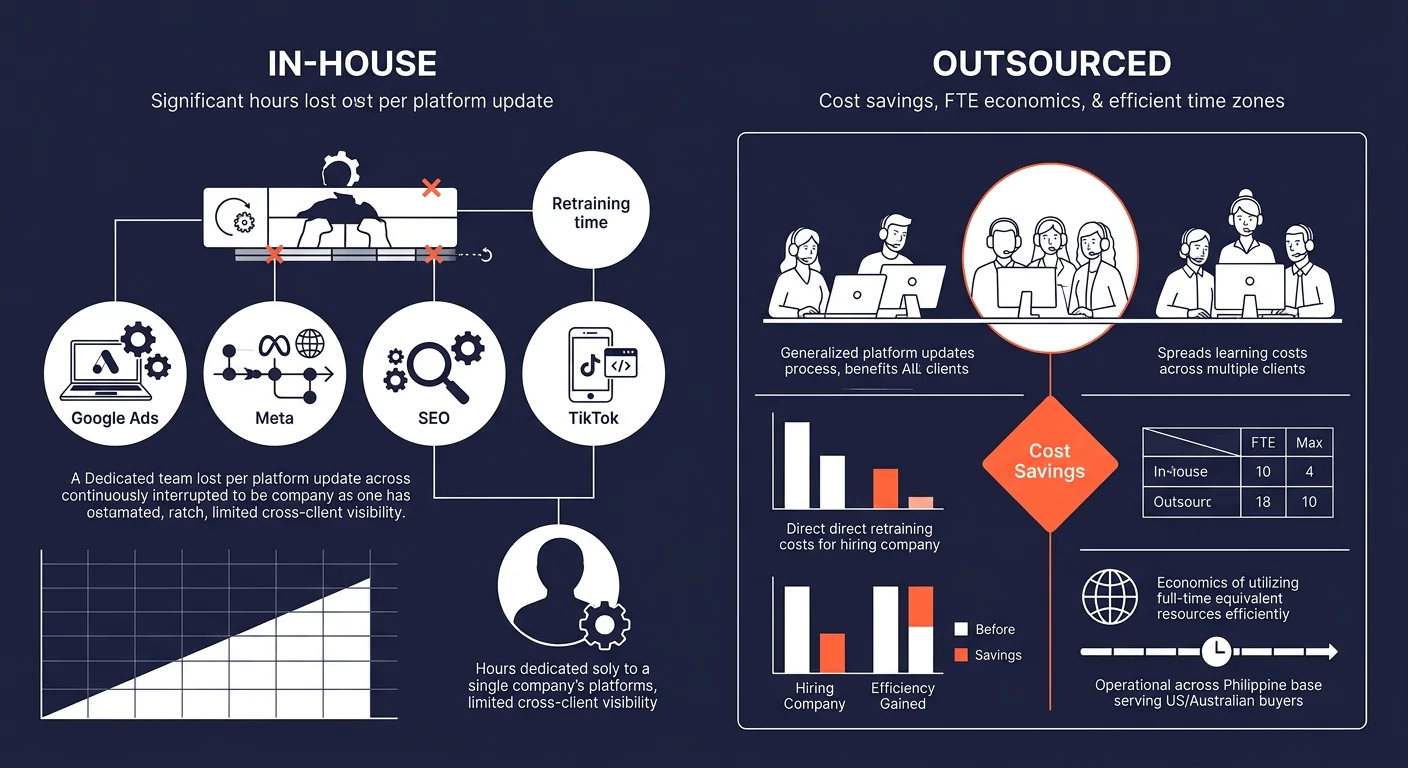 An infographic comparing the annual retraining costs and time investment of keeping platform expertise in-house (showing hours lost per platform update across Google Ads, Meta, SEO, and TikTok) versus