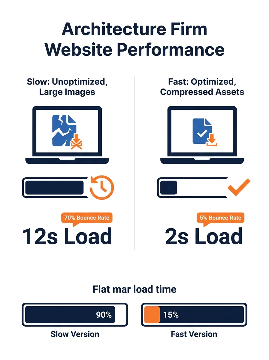 A side-by-side comparison showing a slow-loading architecture firm website with large uncompressed images on the left versus a fast, optimized version on the right, with load time indicators