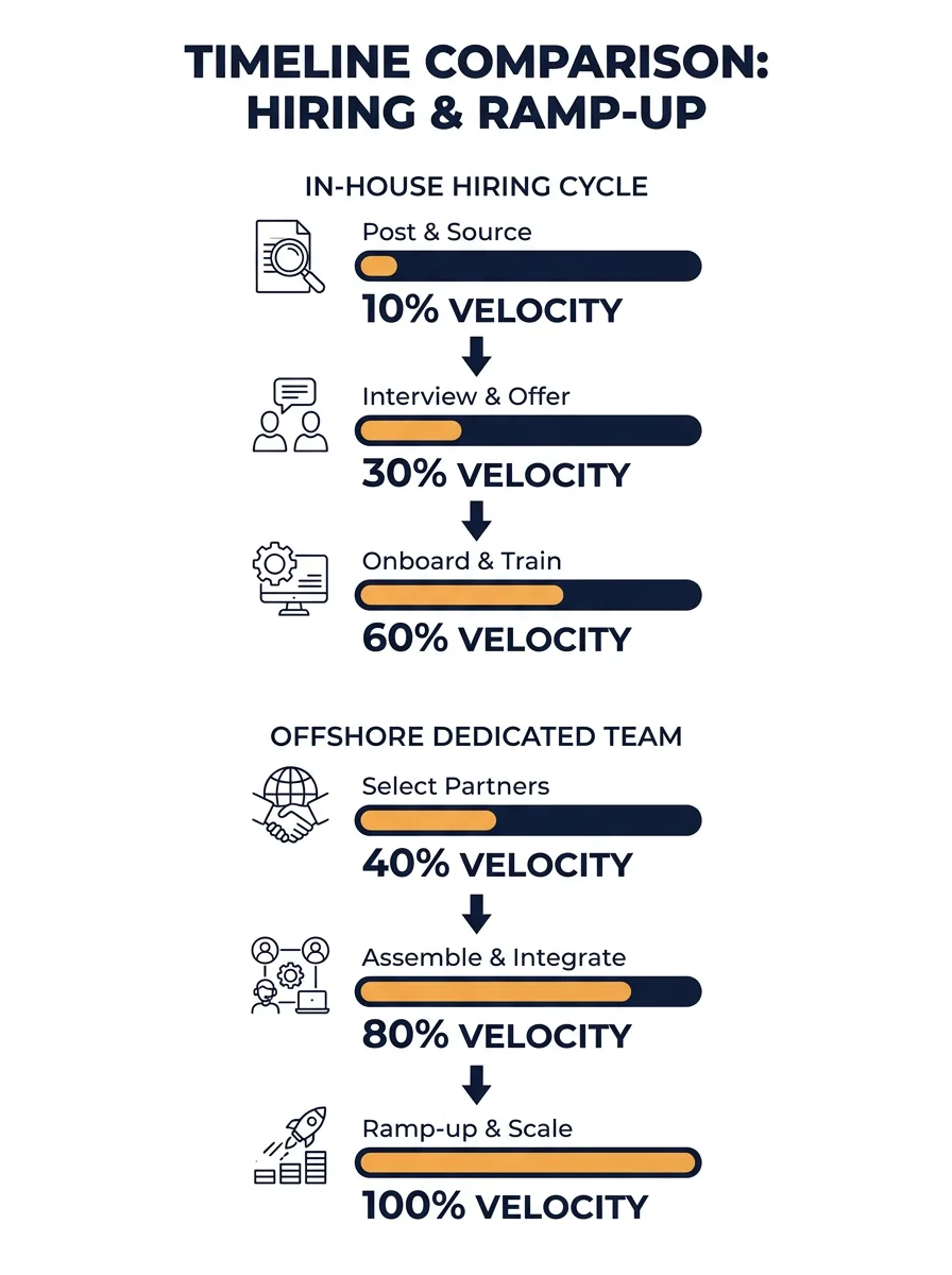 Timeline comparison chart showing in-house hiring cycle vs offshore dedicated team ramp-up periods with velocity percentages at each milestone